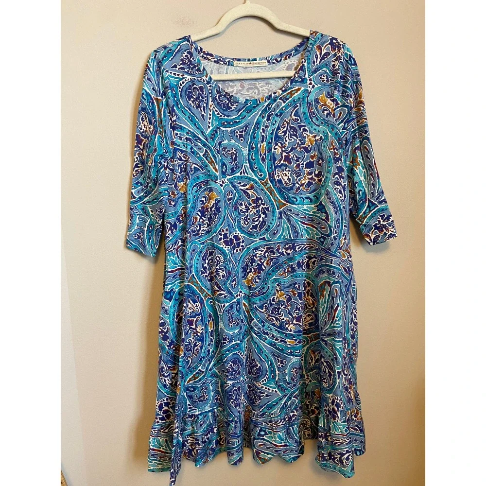 Peruvian Connection Venezia Paisley Print Dress Blue Turquoise Size Large‎